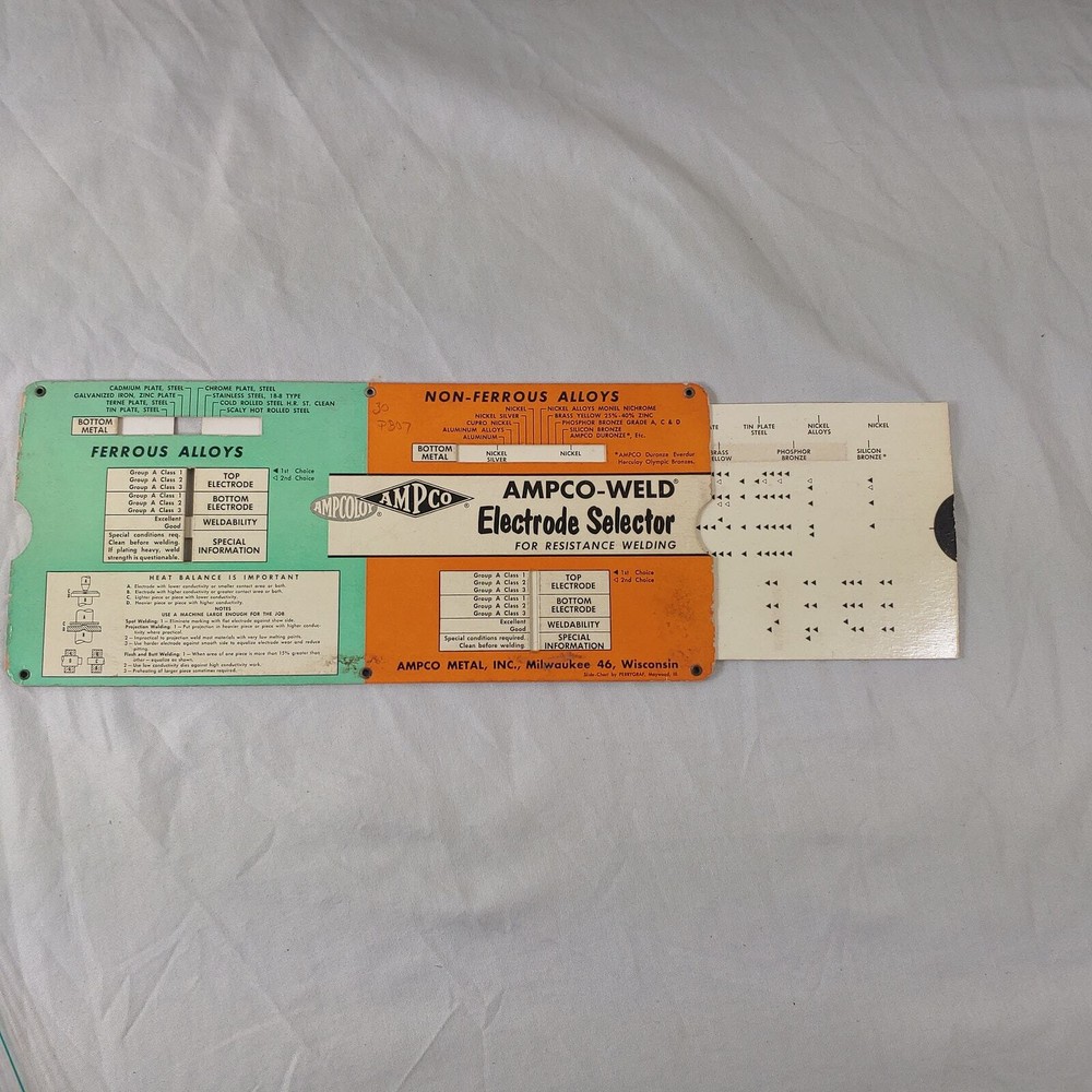 Ampco-Weld Electrode Selector for Resistance Welding Card. 1955 Data Chart