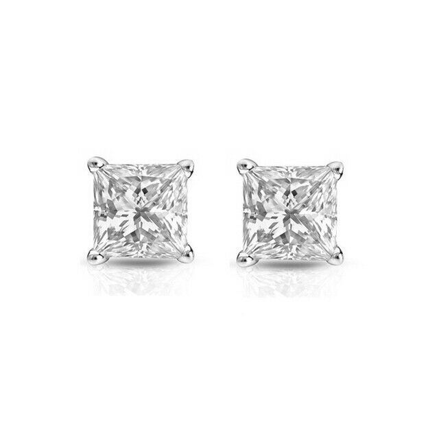 14K Solid White Gold Cubic Zirconia Square Princess Cut Stud Earrings