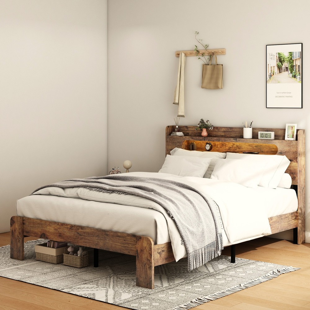 Bed Frame Queen Size, Wood Platform Bed Frame with Storage LED Light Headboard