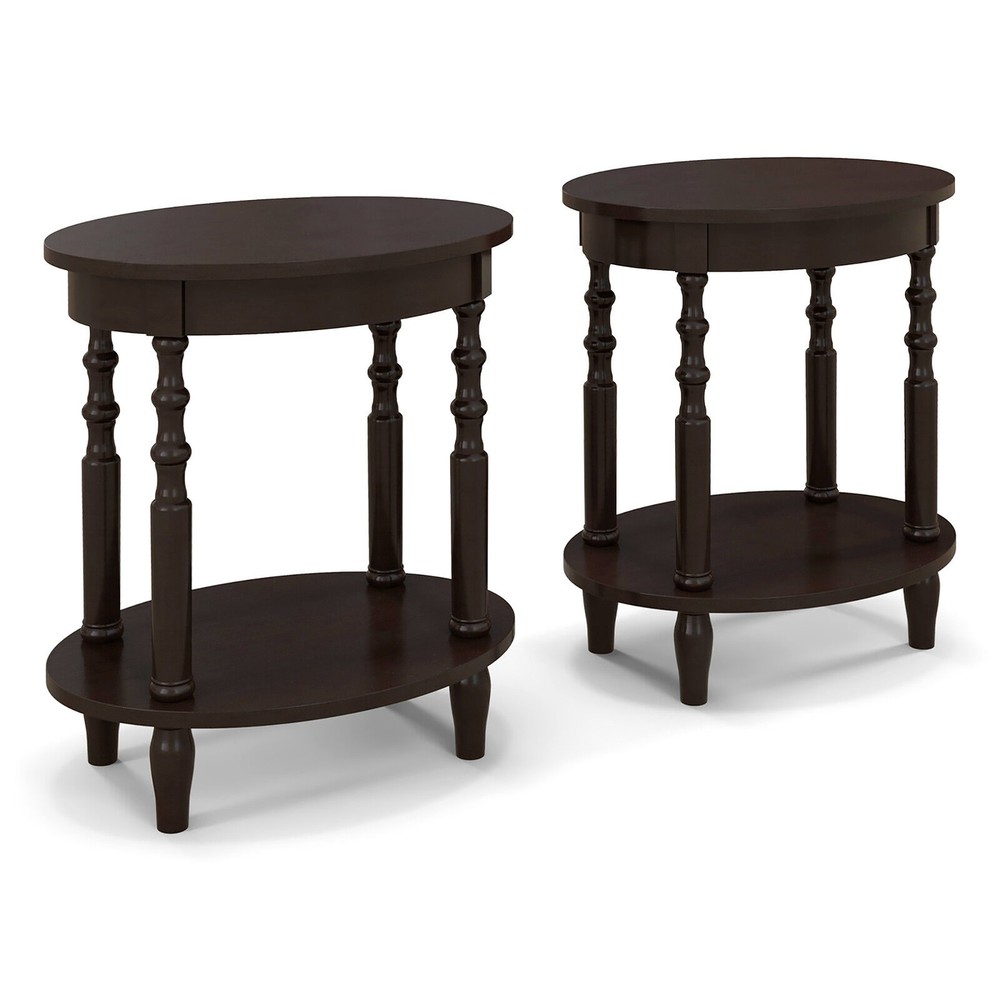 2 PCS 2-Tier End Table Oval Compact Sofa Side Nightstand w/ Storage Shelf