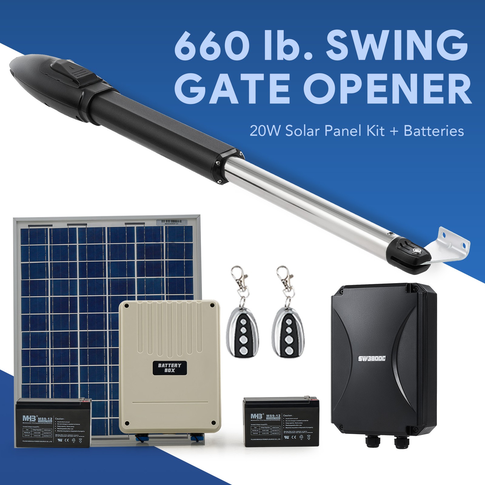 CO-Z Solar Powered Single Swing Gate Opener for 660lb Gates with 2 Remotes
