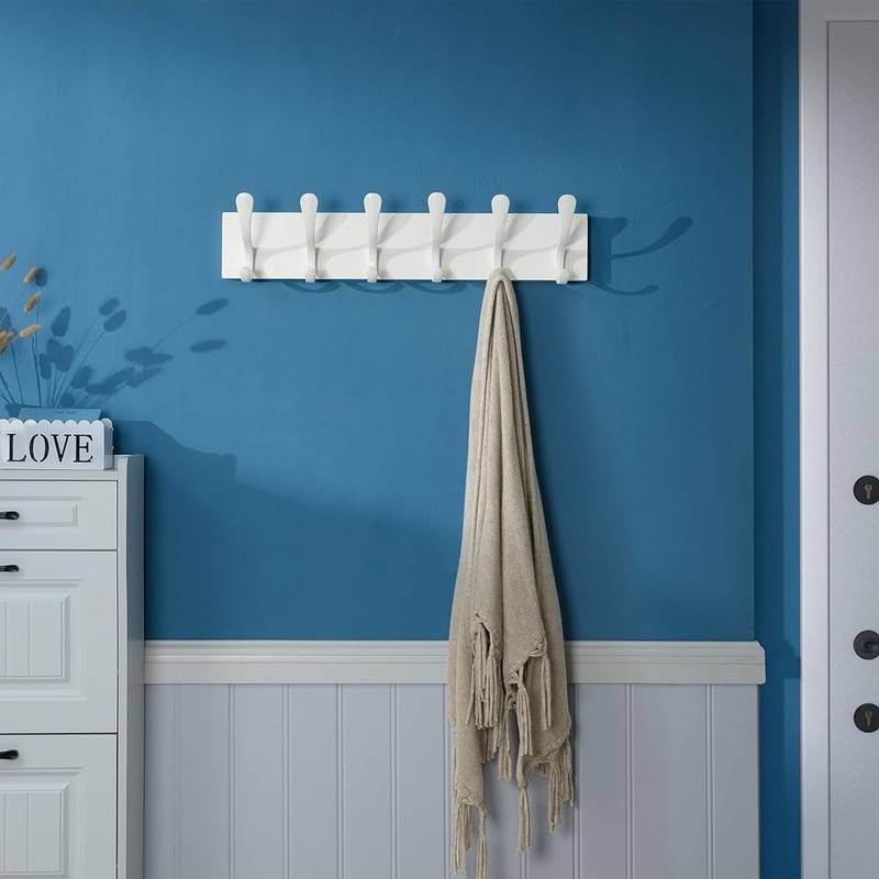 Wall Mount Coat Rack W/ 6 Sturdy Hooks Solid Pine Wood Storage Organizer New