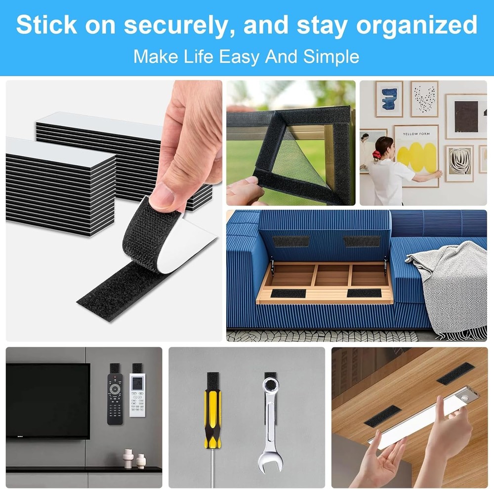 32 Sets Heavy Duty Hook & Loop Adhesive Strips 1x4” Black Sticky Back Fastener