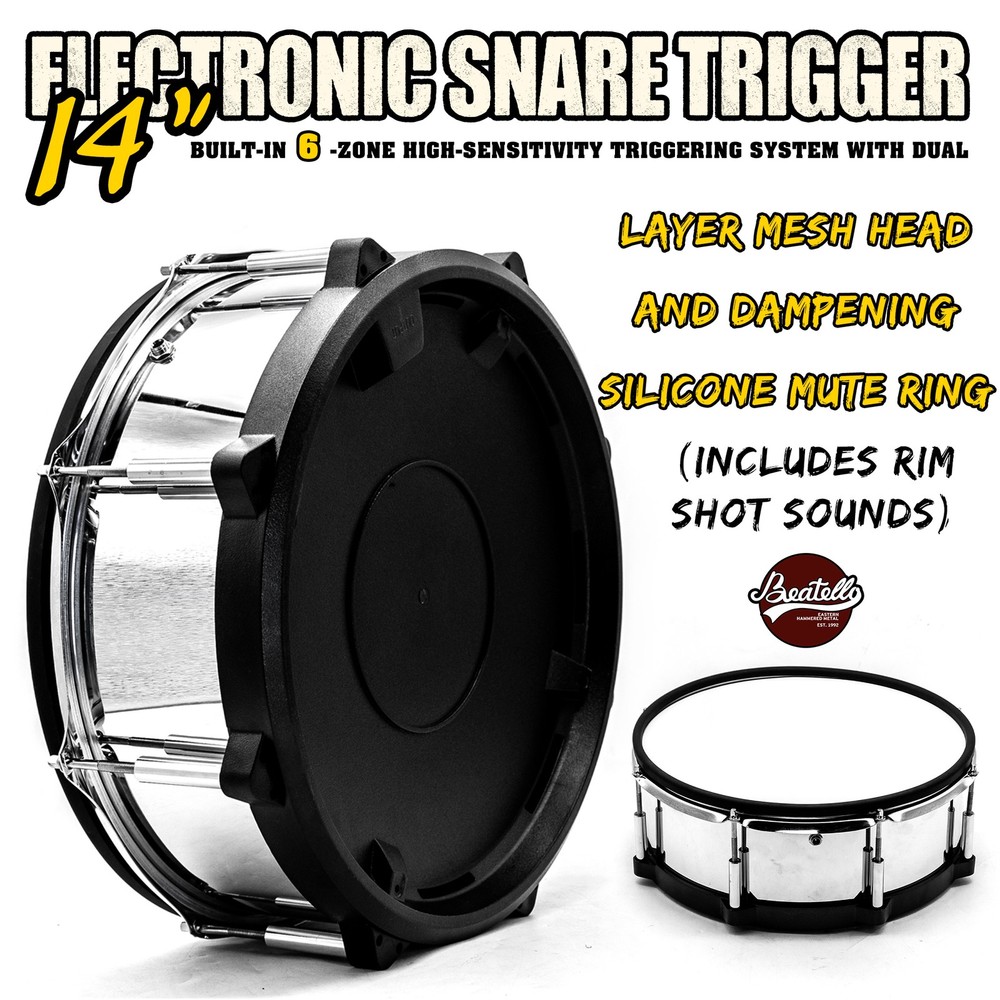 Beatello 14" Electronic Snare Drum Trigger 6Zone High Sensitivity Dual Mesh Head