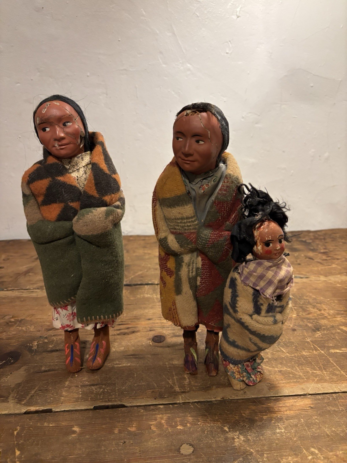 Antique 1920s Skookum Indian Dolls Set of 3 Whirling Log Swastika Bully Good