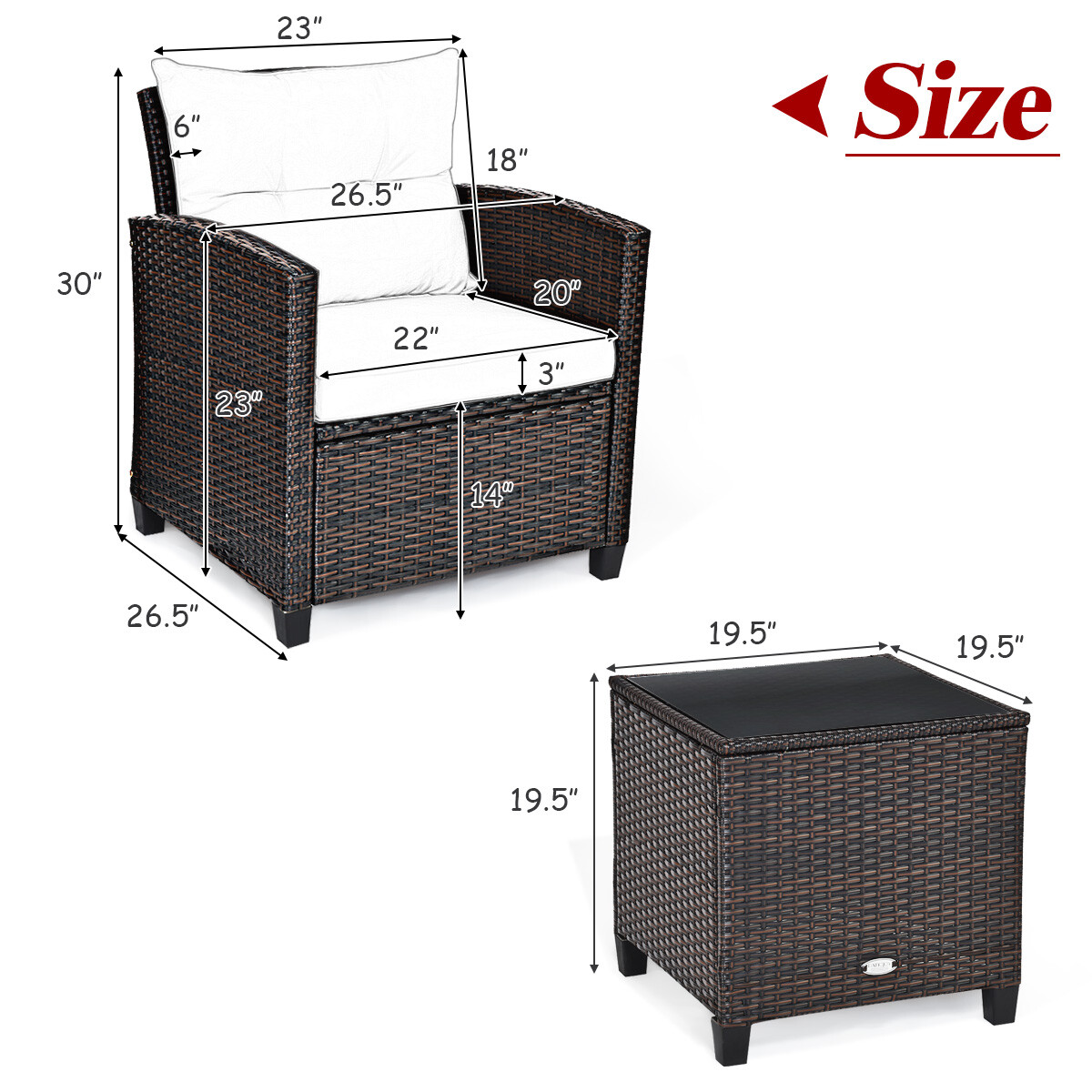 3PCS Patio Rattan Furniture Set Cushioned Conversation Set Coffee Table Navy