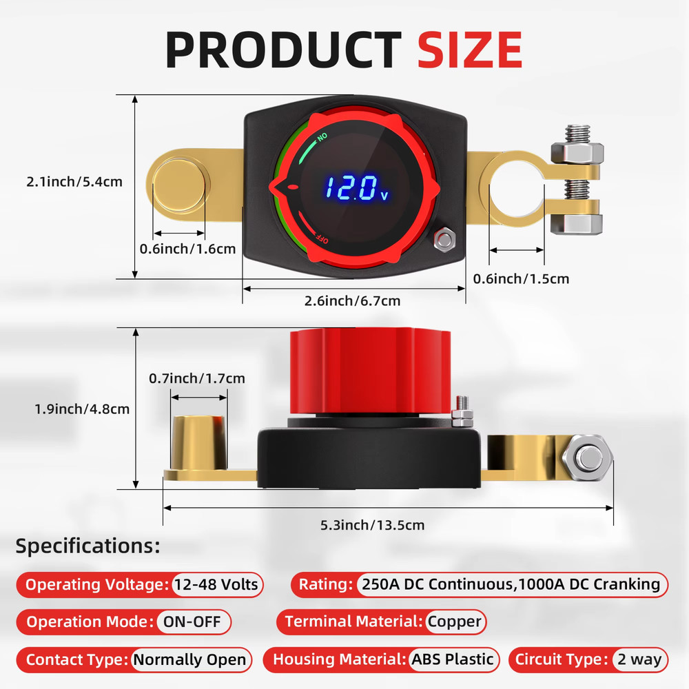 Side Post Battery Disconnect Switch 275A 12-48V LED Voltmeter Cut Off Switch