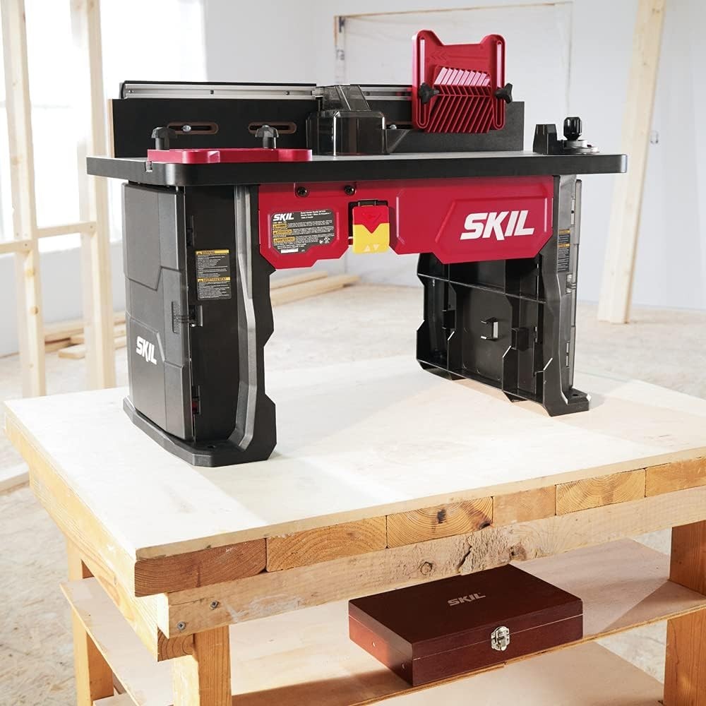 Benchtop Router Table with Above Table Adjustment and Dual-Sided Bit Storage
