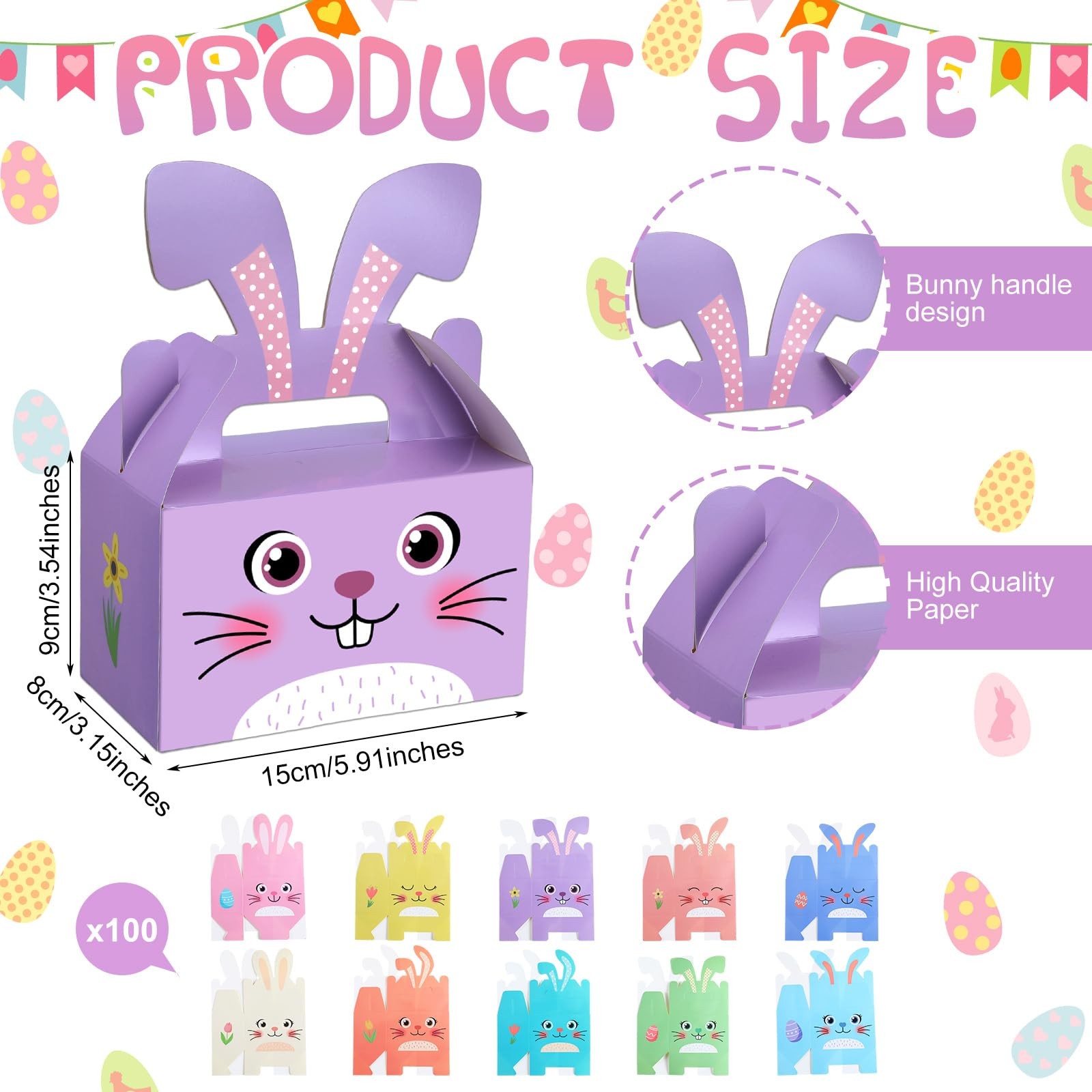 100 Pcs Easter Treat Boxes Bunny Favor Boxes with Handle Rabbit Shape Basket ...