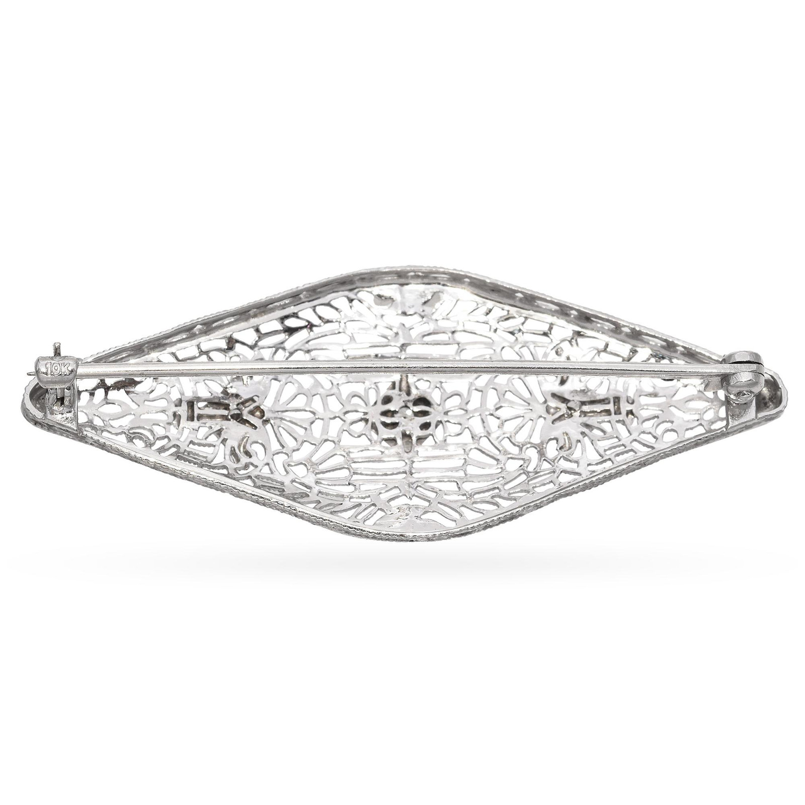 Vintage Art Deco 10K White Gold Old Mine Cut Diamond Filigree Brooch