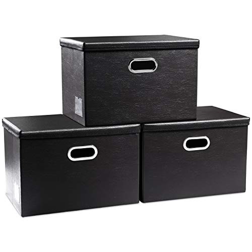 Large Foldable Storage Bins with Lids [3-Pack] Leather Large(3-Pack) Black