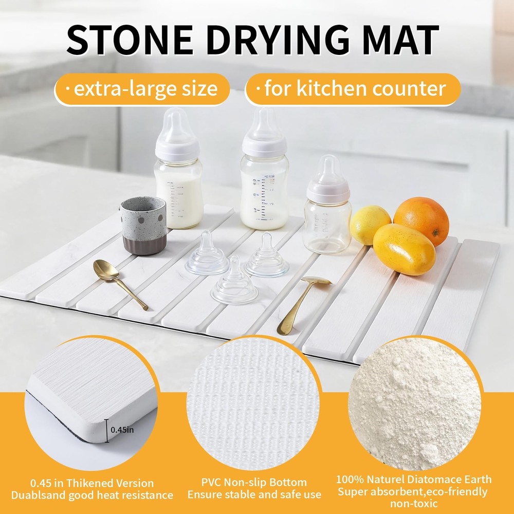 Stone Dish Drying Mat for Kitchen Counter, 24"×16" Foldable Stone Drying Mats...
