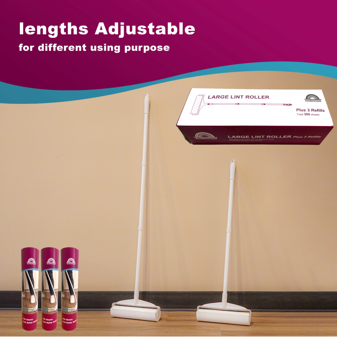 Sticky Lint Roller + 300 Sheets/ 600 Sheets for Pet Hair Removal Floor Roller