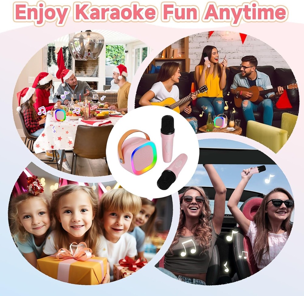 Mini Karaoke Machine Portable Bluetooth Speaker 2 Wireless Microphone Party Gift