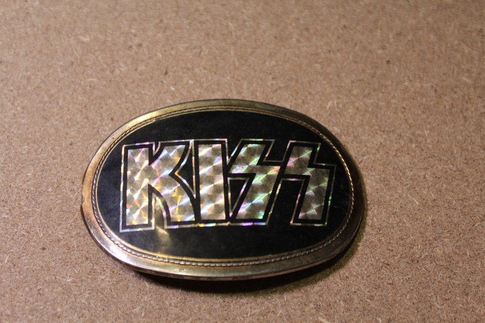 Vintage 1976 KISS Prism Logo Pacifica Black Belt Buckle Ace Peter Gene Paul