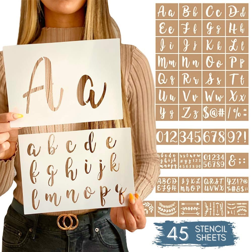 Boutique Calligraphy Stencil Template Kit - 45 Reusable Pieces - Includes Let...
