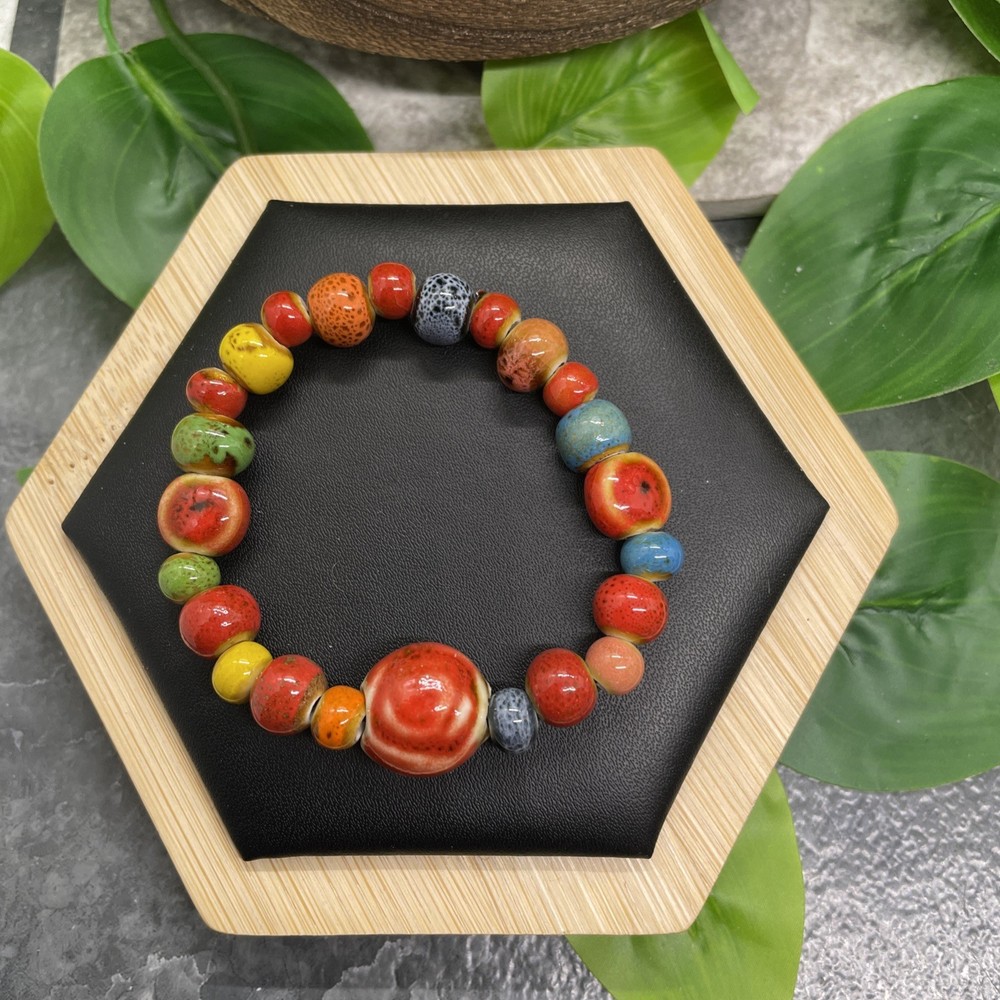 Handmade Ceramic Bead Beaded Stackable 5.5” Plus Stretch Bracelet New B2