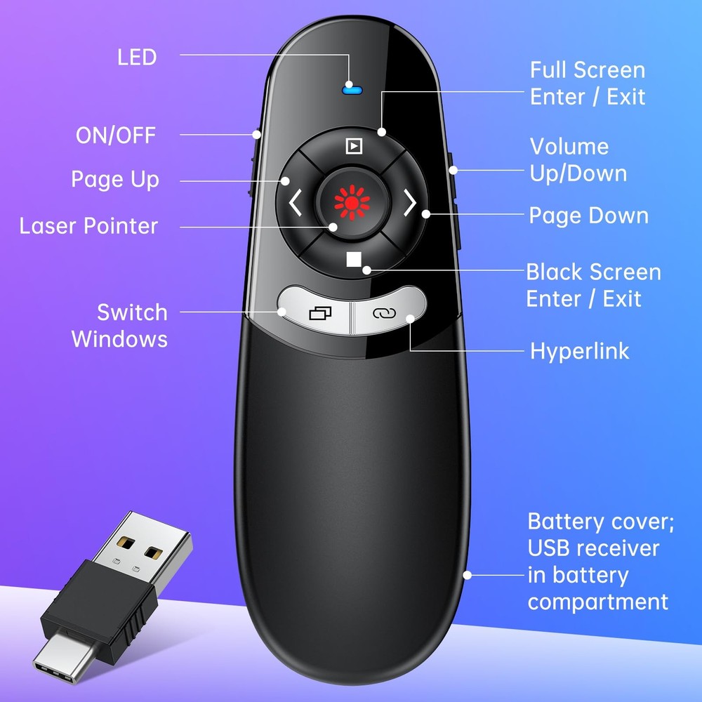 2 in 1 Type C USB Presentation Clicker with Carry Bag, Wireless Presenter Rem...