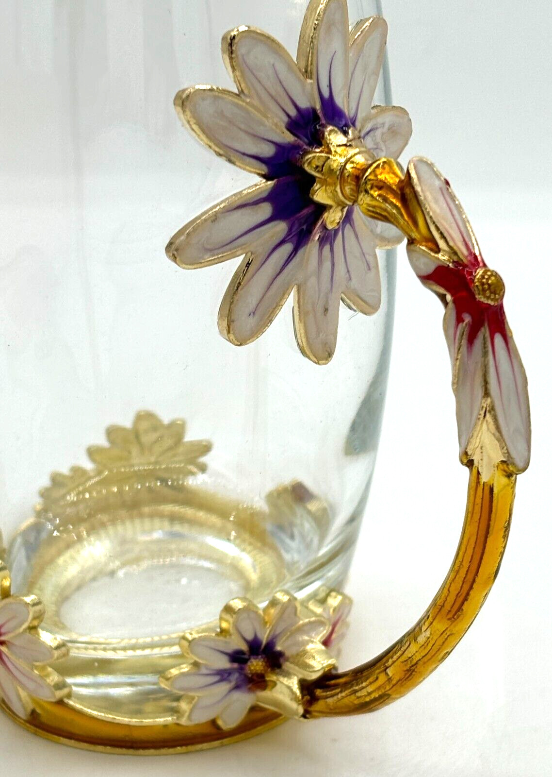 Luxury Glass 12oz Teacup Set Enamel Flower Handle and Base With Teaspoon Coaster