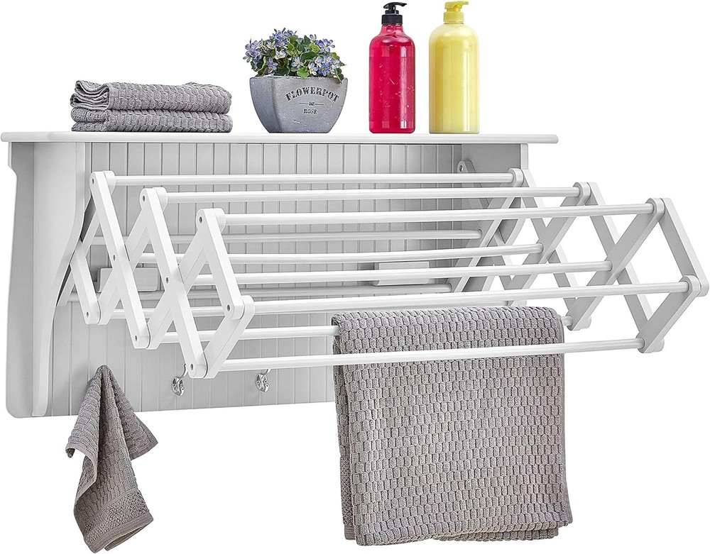 Retractable Accordion Drying Rack with Hooks - 10 Rods for Optimal Laundry Use