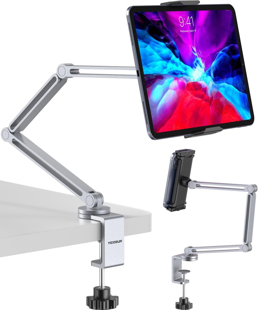 YICOSUN Tablet Arm Mount with Super Grip, Adjustable Foldable Holder & Silver
