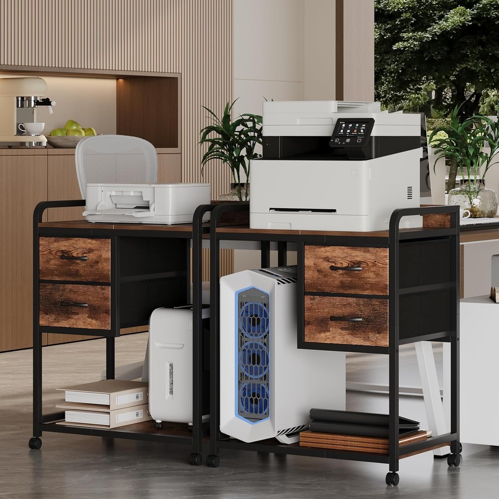 Large Printer Stand W/ 2 Fabric Drawers Mobile Printer Table W/ Wheels &