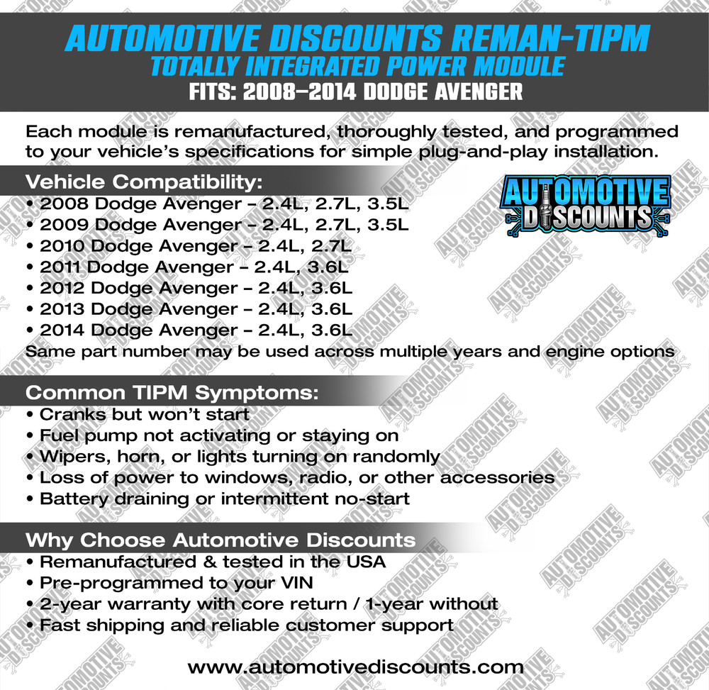 2008 DODGE AVENGER OEM Rebuilt TIPM 68028008AA PROGRAMMED PLUG & PLAY READY