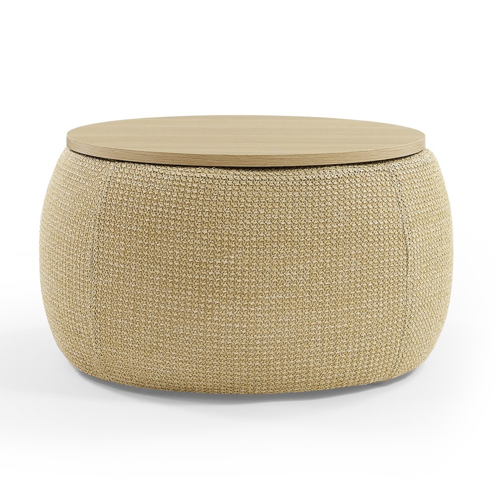 Round Storage Ottoman 2 in 1 Function Work as End Table Natural