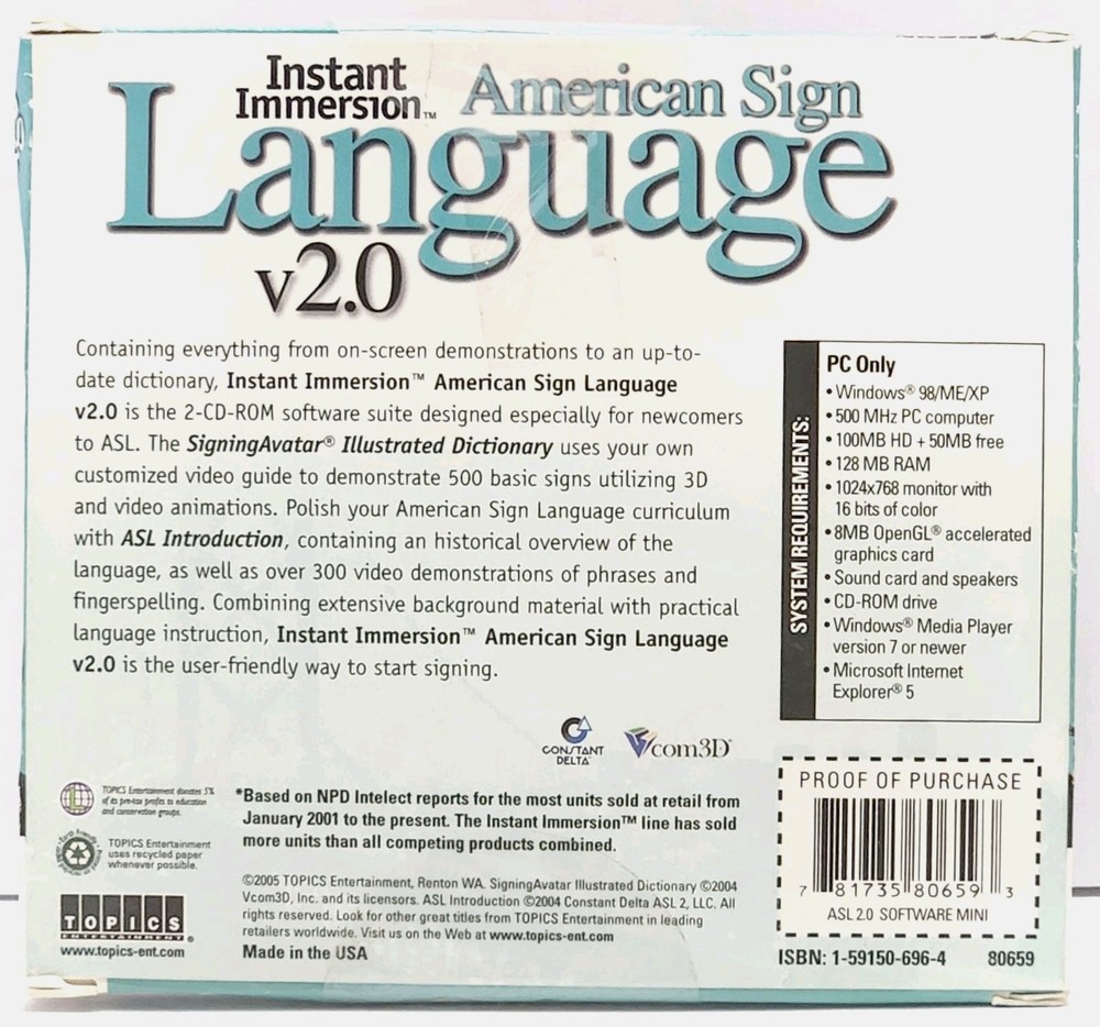 Instant Immersion American Sign Language v2.0, 2 PC CD-ROMs Software, Vtg 2005