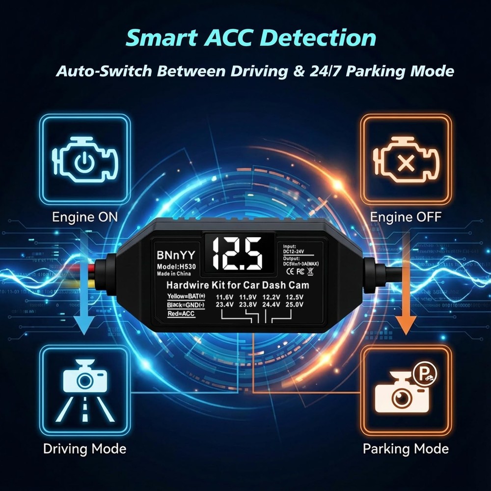 USB-C Hardwire Kit for Dash Cam with Acc Detection, 4-Level Adjustable Black