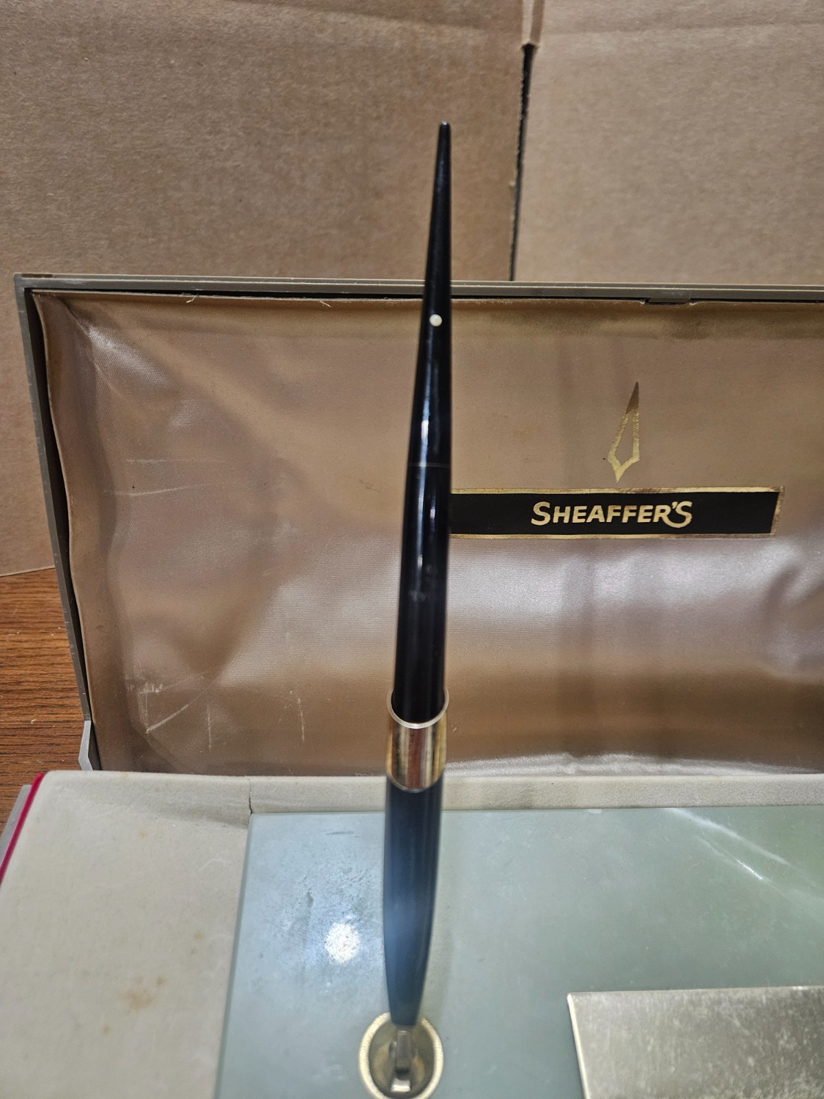 Sheaffer Fountain Pen Desk Set White Dot Chrome Black 14k used