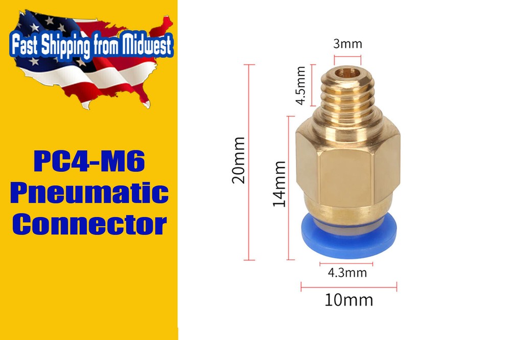 PC4-M6 Pneumatic Connector, 5 Pcs Bowden Pneumatic J-head, 3D Printer Reprap