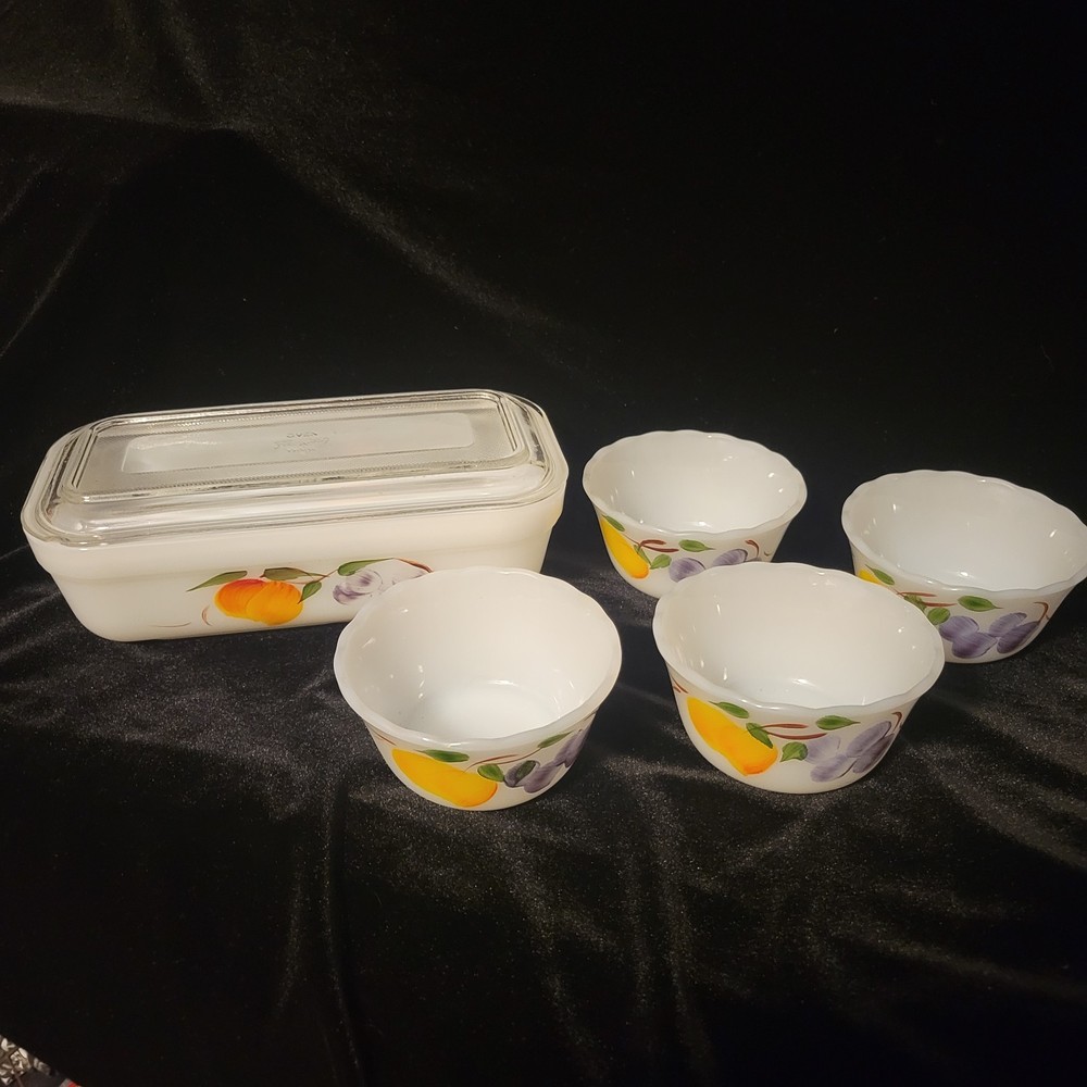 Fire King Anchor Hocking Fruit Pattern Milk Glass 6 Piece Set
