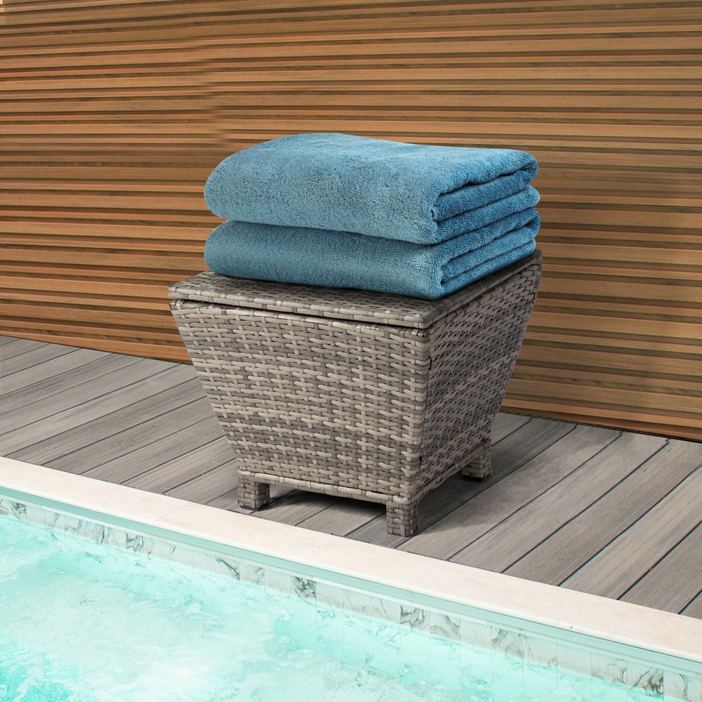 Outdoor PE Wicker Side Table with Storage, Small Patio Storage Bin Container