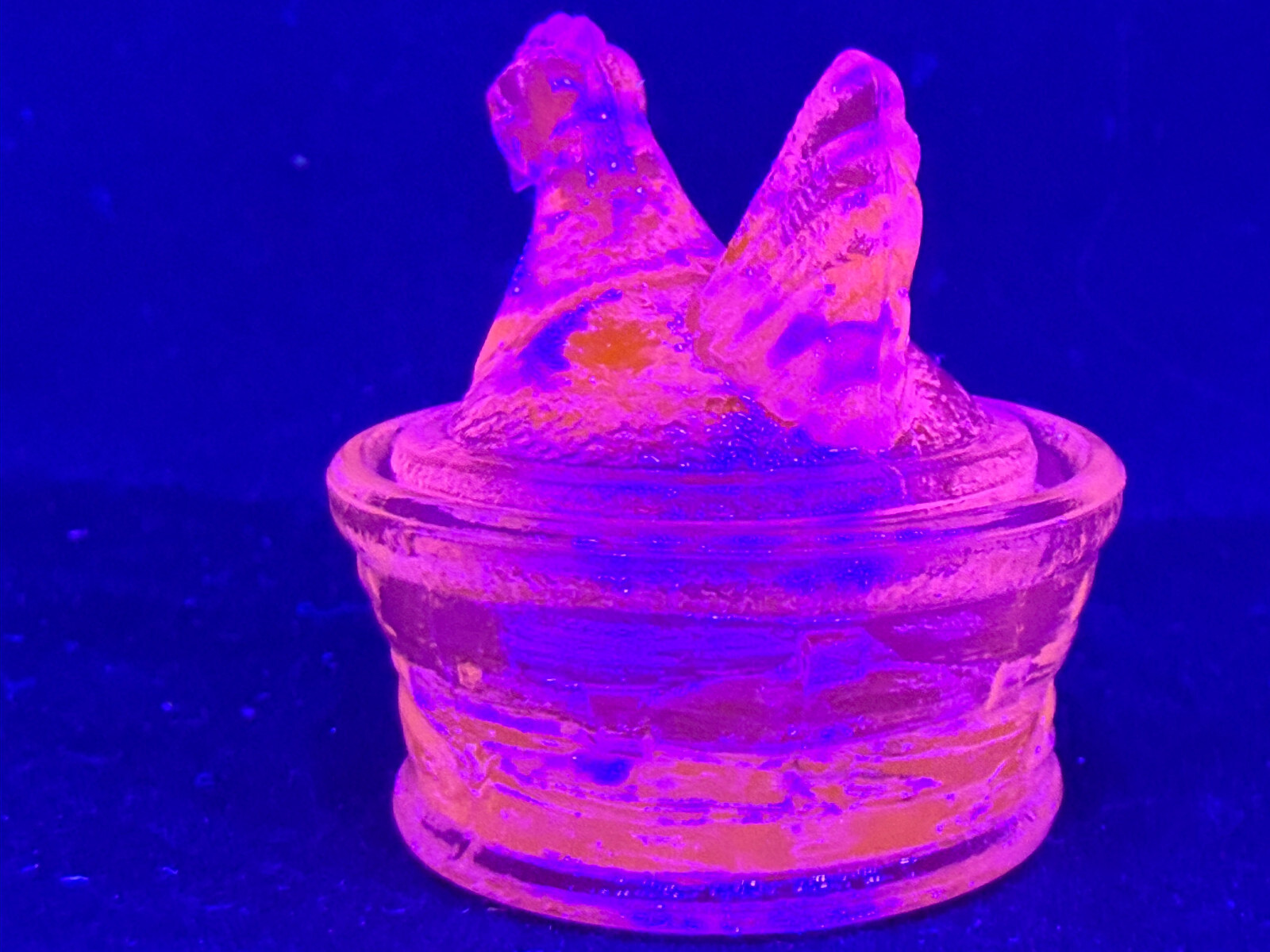 Blue Vaseline uranium glass Hen Chicken on nest basket eggs / salt cellar orange