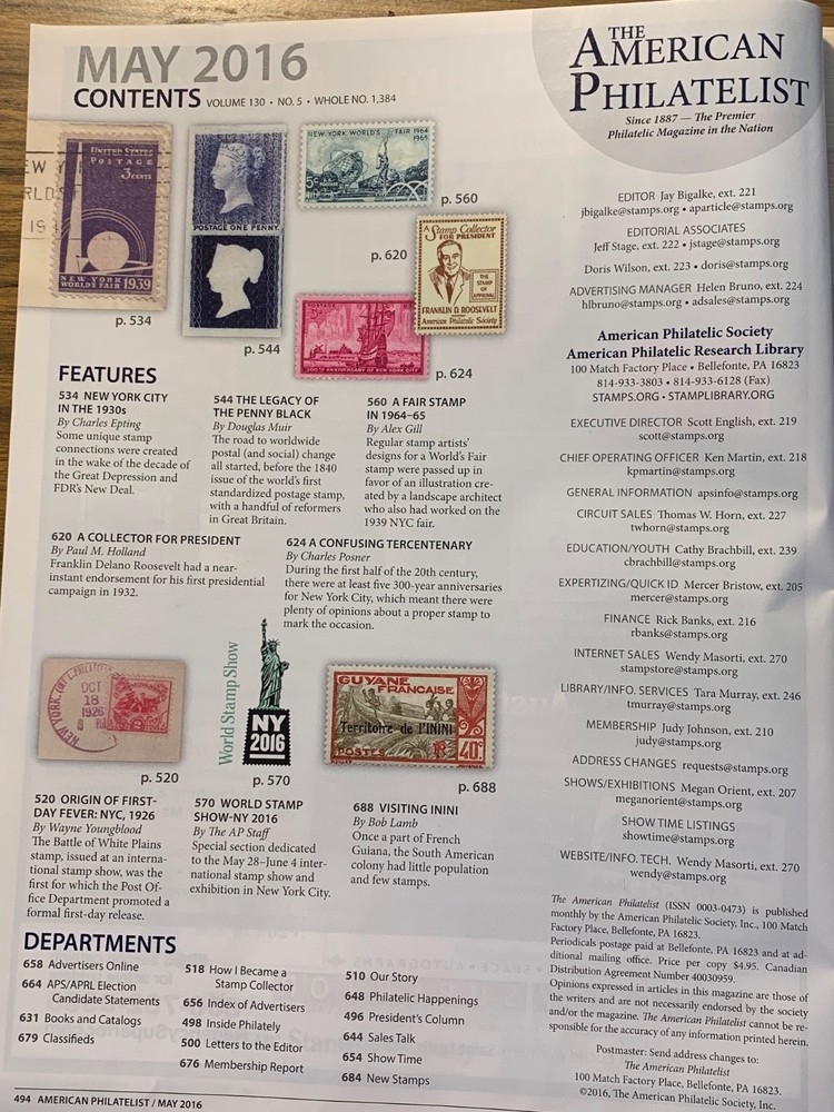 American Philatelist Magazine 2016, May