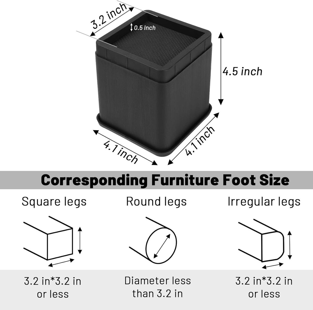 Stackable 4 Inch Bed Risers - Couch Sofa Table Leg Extenders