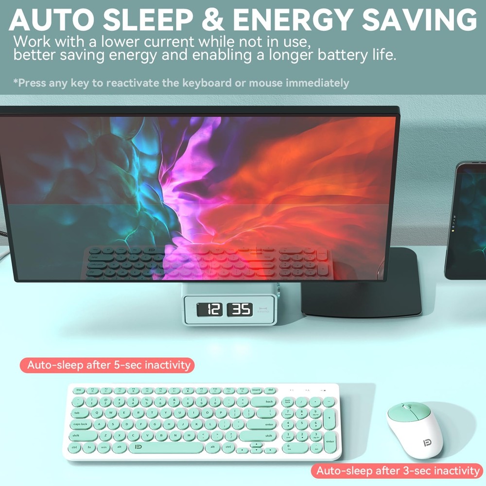 FD Wireless Keyboard and Mouse Combo - 2.4GHz USB Cordless, Cute Round Keys,