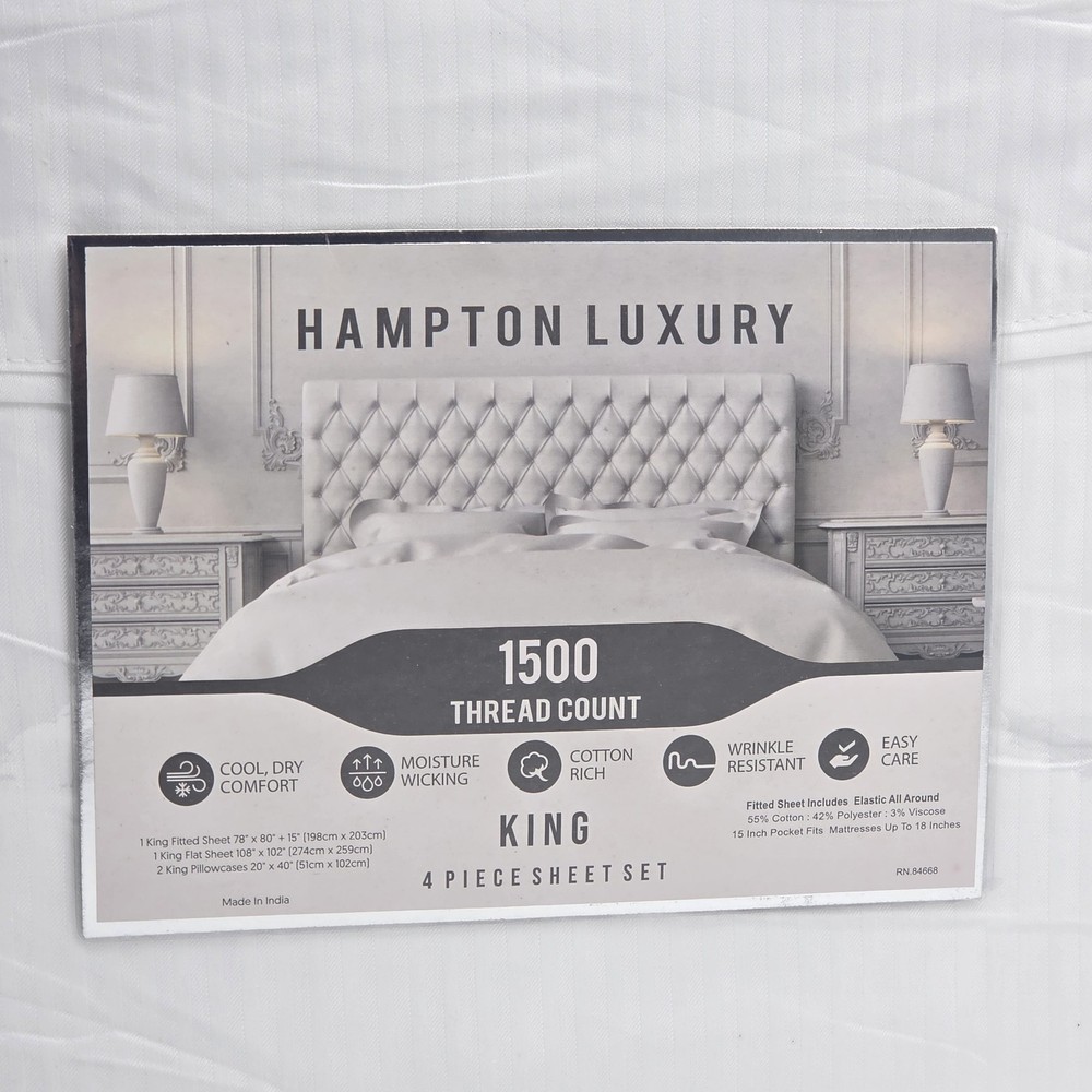 Hampton Luxury King Size 4pc White Sheet Set 1500 Thread Count Cotton Blend