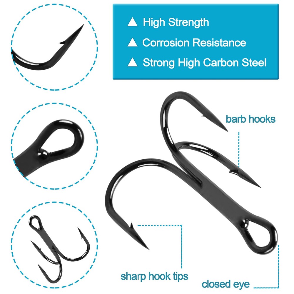 Treble Hooks and Split Rings Kit, 130Pcs Assorted Classic High Medium, black