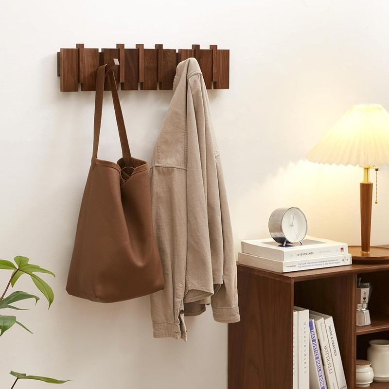 Handmade Wood Coat Rack Wall Mount Solid Walnut Piano Keys Design Space Saving