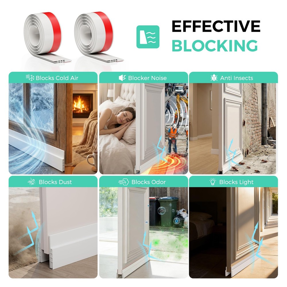 Hojoy 2 Pack Under Door Draft Stopper, Adjustable Sweep 2 Pack, White