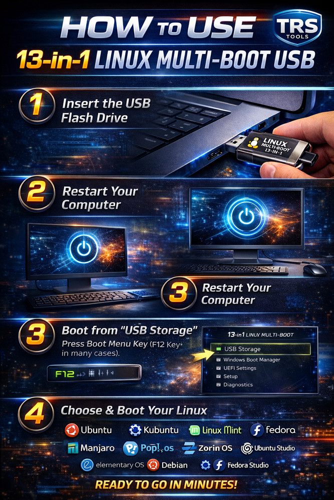 🔥 13-in-1 Linux Live USB Install | Dual USB-A & USB-C | Boot • Test • Install