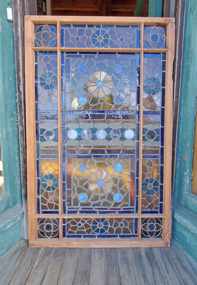 LARGE ANTIQUE STAINED GLASS WINDOW 36 BY 57