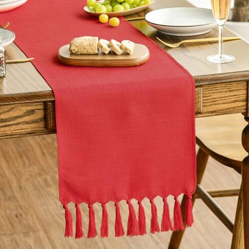 Tassel Table Runner, Christmas Linen Blend Rustic 13" x 36", Table Runner Red