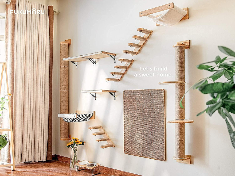 Cat Activity Tree with Scratching Posts, Wall Mounted Jute Scratcher Pine Hammoc