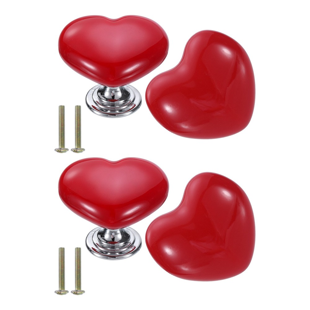 4 Packs Heart-Shaped Ceramic Drawer Knobs Red/Silver Dresser Pulls Handles