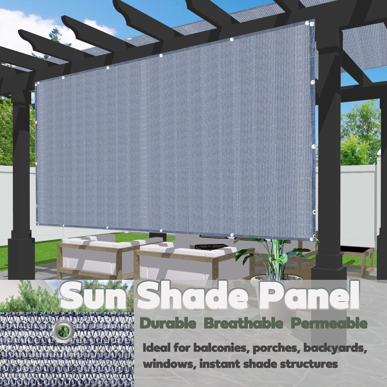 Breathable Pergola Sun Shade Privacy Cover Panel Patio Canopy Grommet Navy Grey