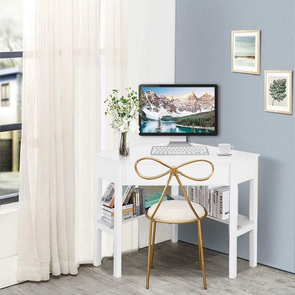 White Corner Desk, Triangle Corner Computer Desk for Small Space, Compact Writin