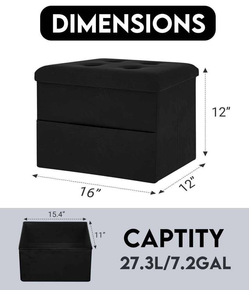 Multi Use Storage Ottoman, Velvet Foot Rest, Foldable Design, Compact, Black